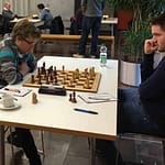 Brett 1: links IM Gabriel Gaehwiler (Elo 2410) gegen IM Christopher Noe (Elo 2468)